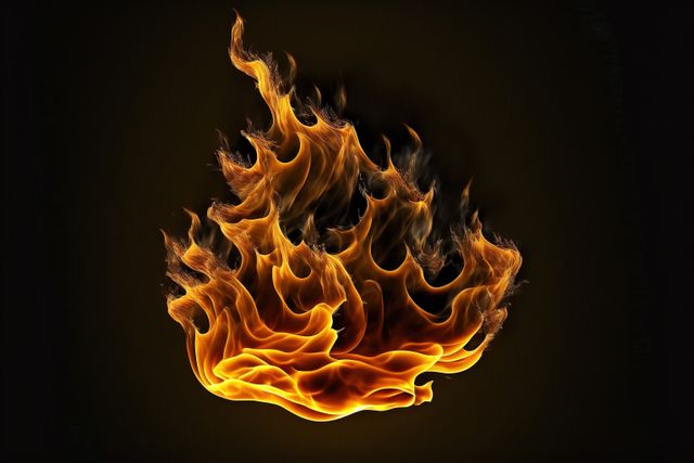 Detailed fire flames on black background, created using generative ai technology. Fire, heat, pattern and colour concept digitally generated image.