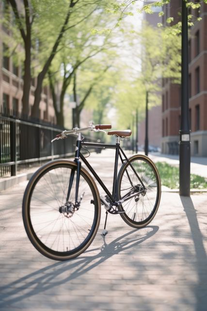 Classic bicycle parked on a sunlit urban sidewalk near a park. Trees and buildings in the background create a serene cityscape. Suitable for concepts related to urban lifestyles, transportation, outdoor activities, healthy living, and city exploration.