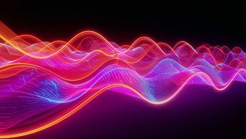 Neon waveforms flowing across dark void with glowing wireframe ribbons, vibrant gradients
