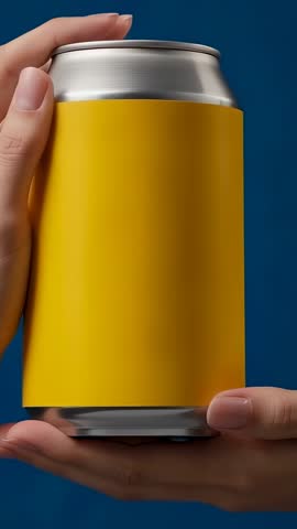 Vertical video showcasing hands presenting yellow can with blank sleeve on blue backdrop