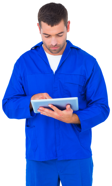 Transparent Male Mechanic In Blue Uniform Using Digital Tablet - Download Free Stock Videos Pikwizard.com