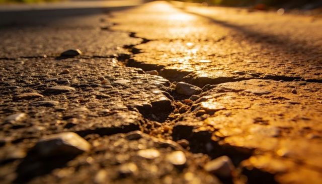Sunlit cracked asphalt fissure closeup showing golden hour texture, gravel and pebbles