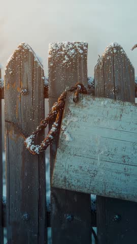 Swaying Weathered Sign on Snow-Dusted Picket Fence | Winter Backyard Vertical Video