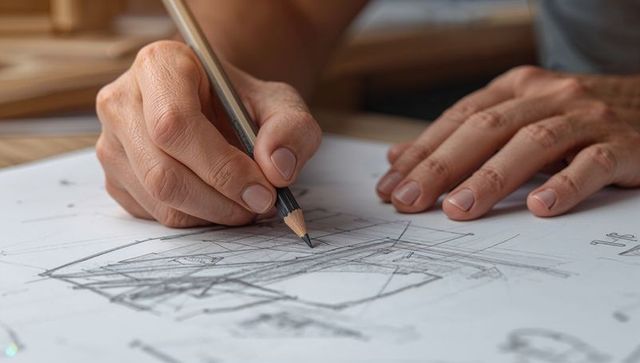 Architect sketching modern building plan with graphite pencil closeup hands drafting