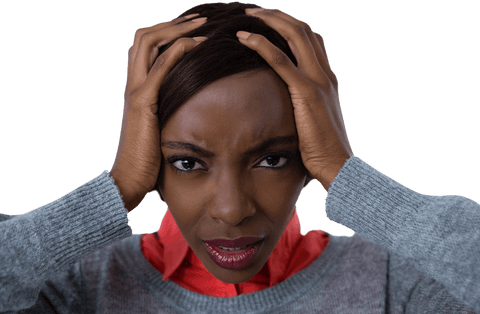 Frustrated woman with hands on head on transparent background
