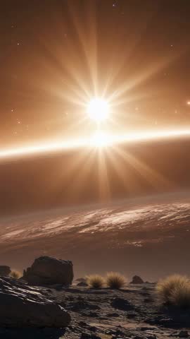Vertical sci-fi video: Rising star beaming light across alien planet horizon and rocky plain