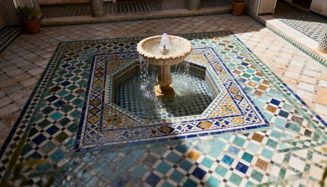 Sunlit octagonal mosaic fountain in moroccan riad courtyard with blue zellige tilework
