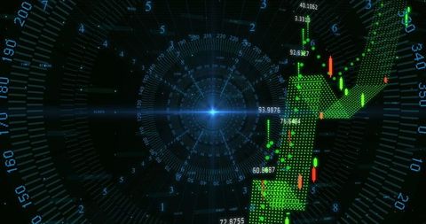 Futuristic 3D Candlestick Grid with Upward Arrow in Digital Interface