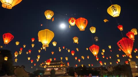 Releasing lanterns into moonlit sky above temple plaza during midnight lantern festival