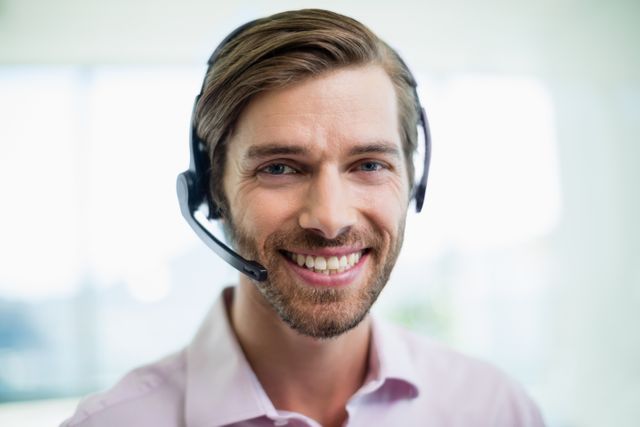 Portrait of smiling customer service executive working in call center