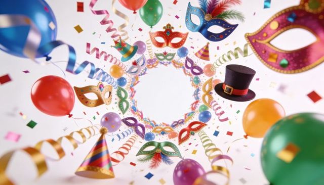 Vibrant masquerade masks forming radial wreath with balloons, streamers, confetti