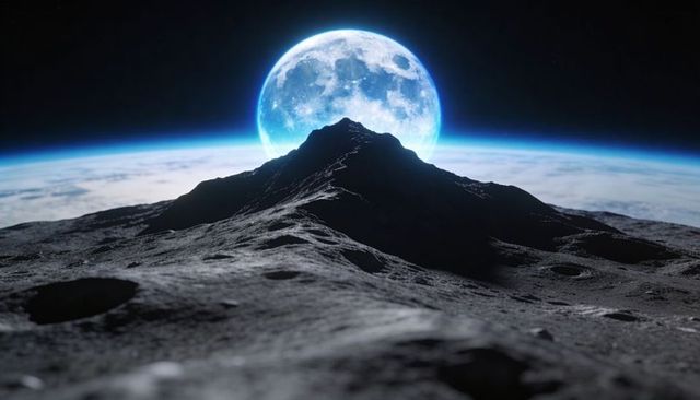 Jagged lunar ridge silhouetting against blue earthrise and luminous moon disk