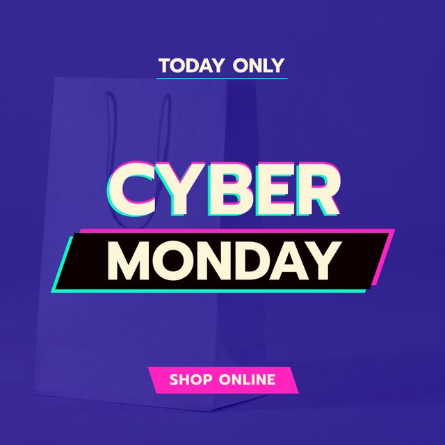 This image is useful for promoting Cyber Monday sales and special offers. It appeals to online shoppers and can be used in digital marketing campaigns, on e-commerce websites, and in social media ads to attract customers. The vibrant blue background and shopping bag visually emphasize the concept of online shopping. It works well for holiday season promotions.