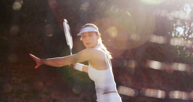This image captures a focused female tennis player preparing to hit the ball during an outdoor session. The strong sunlight creates a dynamic atmosphere, making it perfect for use in sports promotions, fitness articles, advertisements for tennis gear or apparel, and healthy lifestyle features.