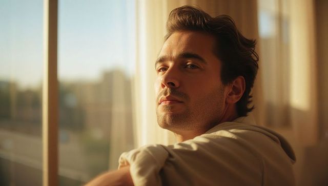 Serene man gazing through daylit window in cozy room