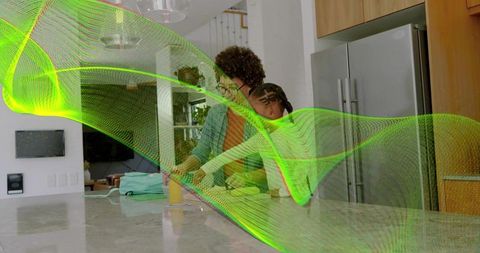 Woman guiding child cooking on marble countertop with green digital wave overlay