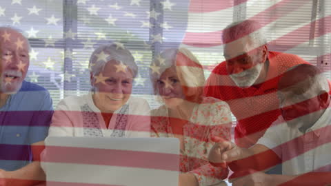 Senior Group Networking with USA Flag Overlay Symbolizing Unity