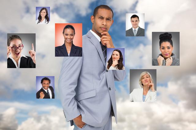 Businessman in light gray suit appears thoughtful, with different diverse candidates shown in floating headshots against a cloudy sky background. This image can be used for articles, blogs, or websites related to recruitment, human resources, business decision-making, team building, and diversity in the workplace.