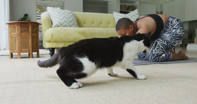Happy african american plus size woman practicing yoga, stretching in living room with her pet cat. healthy lifestyle, enjoying leisure time at home.