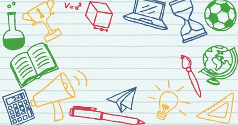 Colorful doodle icons on lined background schooleducation concept