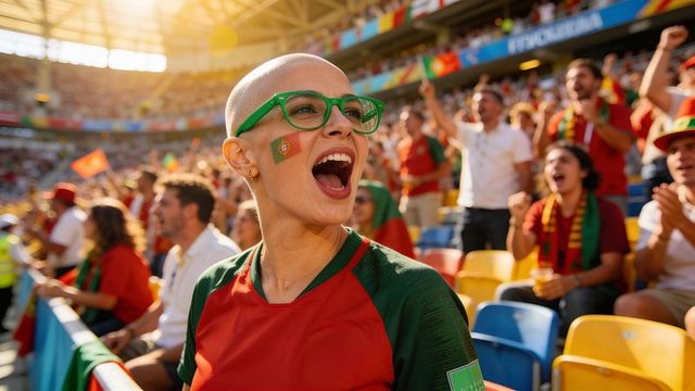 Bald portuguese fan cheering in stadium wearing green glasses and flag sticker