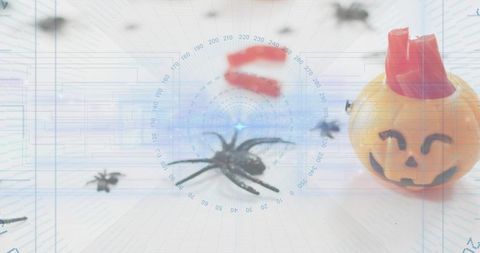 Black spider aligning with digital radar beside jack-o'-lantern candy bucket