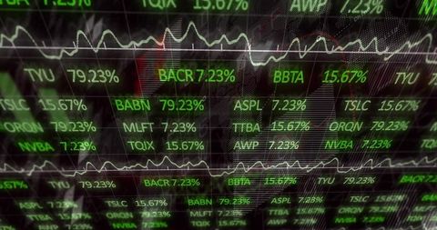 Neon Green Stock Ticker Display Showing Live Percentages, Line Charts and Grid Data