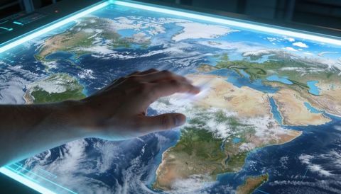 Hand swiping digital globe on futuristic touchscreen for interactive geospatial control