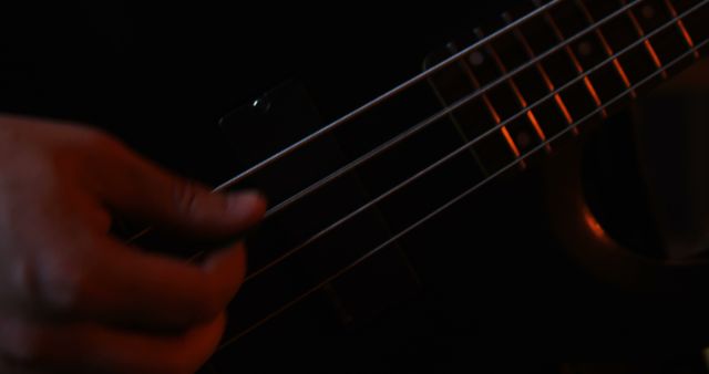 Close-up view of a hand playing an electric bass guitar in a dark setting with low light. Ideal for use in music-related content, articles about live performances, band promotions, or as a background image for music event posters.