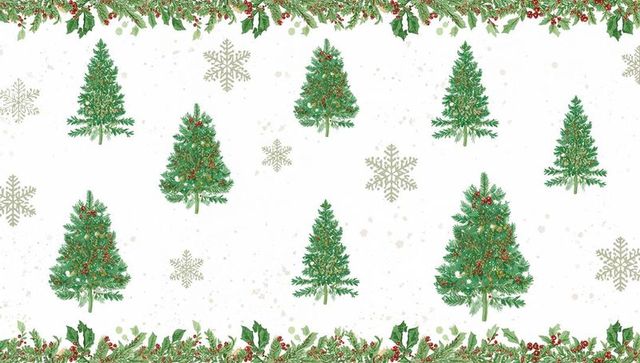 Repeating watercolor fir trees with holly garland and glittering snowflakes