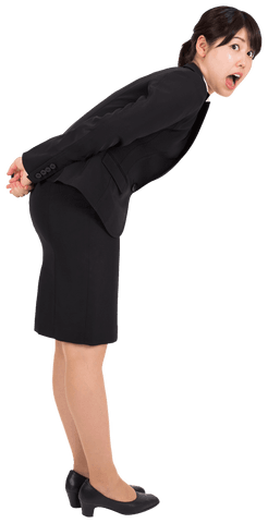 Surprised businesswoman leaning forward on transparent background