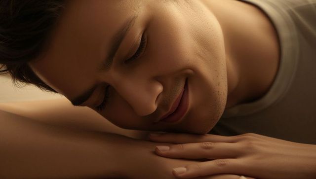 Intimate closeup of man resting face on partner forearm conveying tenderness and warmth