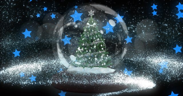 Christmas Tree in Snow Globe with Shooting Star and Floating Blue Stars - Download Free Stock Images Pikwizard.com