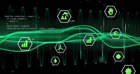 Green Digital Flow with Technology Icons and Code Overlay - Download Free Stock Images Pikwizard.com