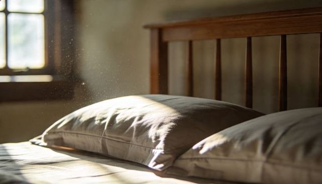 Sunlit linen pillows with wood headboard and floating dust motes conveying calm morning