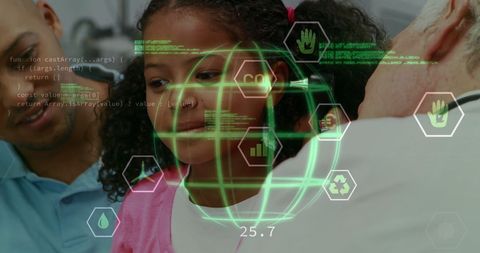 Happy biracial girl immersed in digital technology overlay