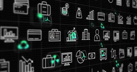 Financial Dashboard Icons Unfolding with Dynamic Spotlight