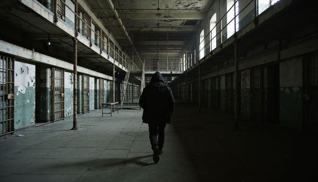 Hooded figure walking down abandoned prison cellblock with shadowed catwalks, rusted bars