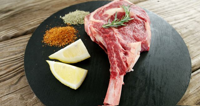 Raw ribeye steak placed on black slate with lemon wedges and seasonings, ready for preparation. Ideal for use in cooking blogs, recipe websites, food advertisements, or healthy eating promotions.