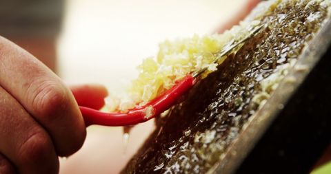 Close-up of beekeeper removing beeswax from beehive frame