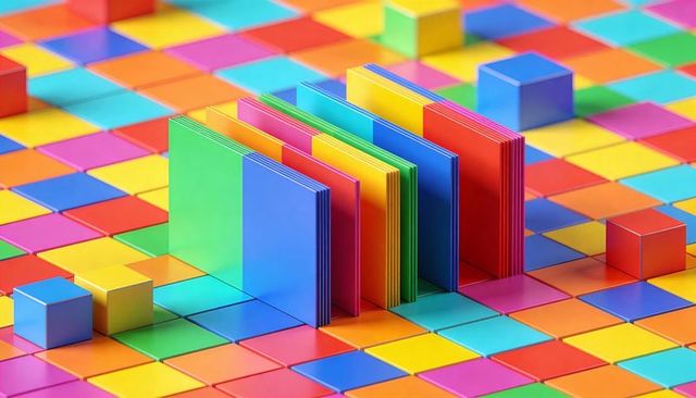 Vibrant 3d rainbow panels rising on color tile grid with geometric cubes
