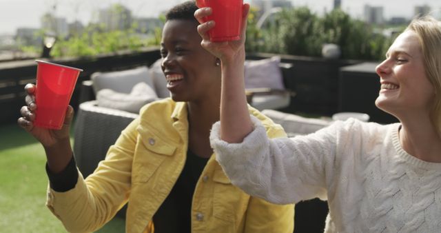 Joyful Women Toasting on Sunny Rooftop Terrace - Download Free Stock Images Pikwizard.com