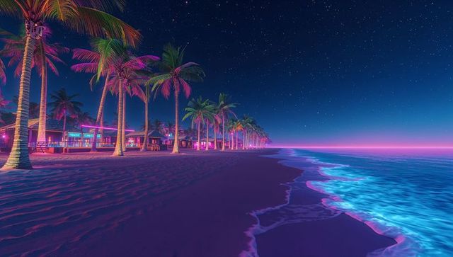Neon-Lit Palm Trees and Beach Bars at Starry Night