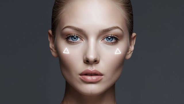 Symmetrical beauty portrait of young woman with luminous skin and glowing triangle cheek accents