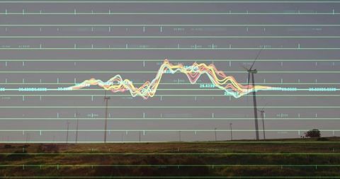 Wind Turbines Overlaid with Dynamic Data Graphs on Open Fields