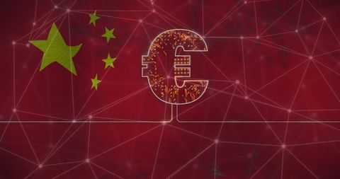 Euro Currency with Financial Data on Chinese Flag Background
