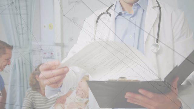 Male Doctor reviewing patient records with a digital network overlay. Depiction of integration of technology and healthcare for a modern look. Ideal for articles, blogs, and presentations on modern healthcare, medical technology, and patient interactions.