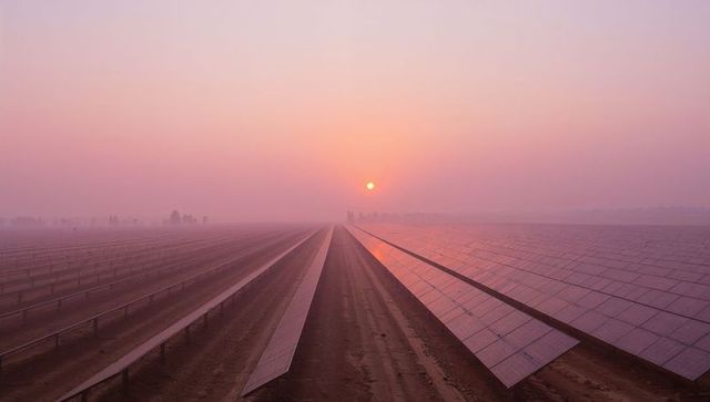 Sunrise glowing solar farm with photovoltaic panels stretching to horizon