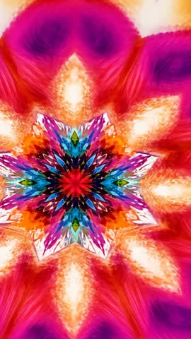 Vertical psychedelic mandala animation pulsing and expanding with vivid kaleidoscopic colors
