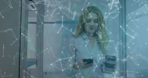 Businesswoman Browsing Smartphone with Networking Graphics